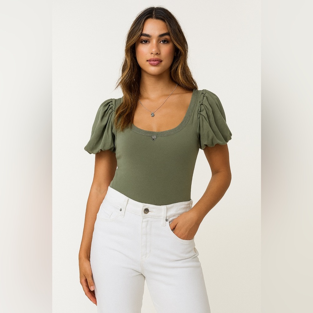 Intimately Free People‎ Sage Green Ribbed Puff-Sleeve Rose Bodysuit- M
